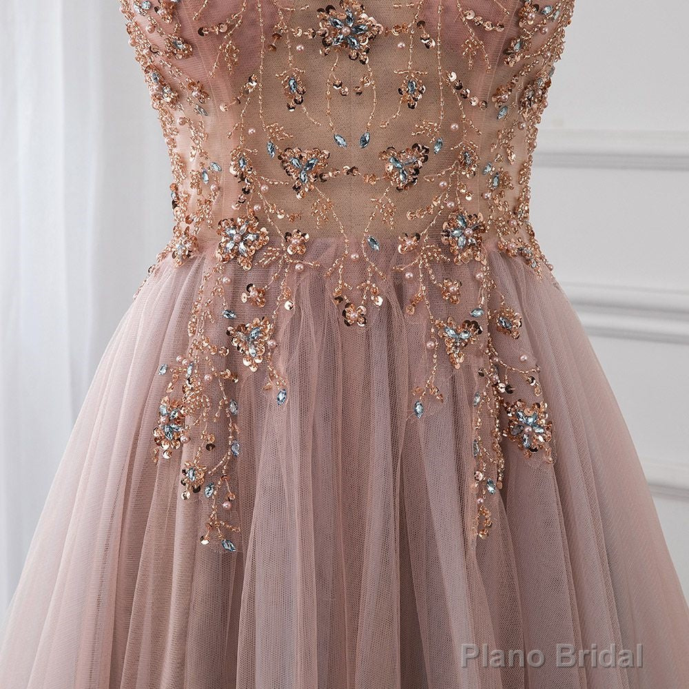 Sweetheart Crystal Prom Dresses Straps Spaghetti Tulle Evening Gown Split Side