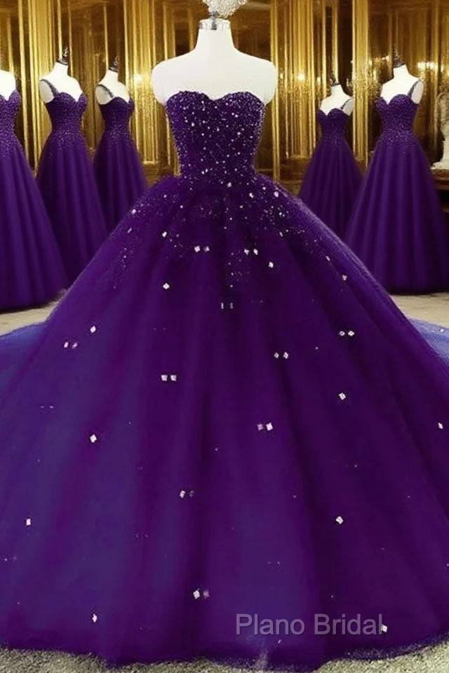 Sweetheart Crystals Formal Prom Dresses Ball Gown Beaded Purple Quinceanera Dresses Main image