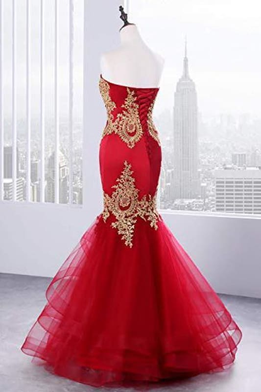 Sweetheart Mermaid Red Formal Prom Dresses Gold Appliqued Long Prom Dresses
