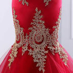 Sweetheart Mermaid Red Formal Prom Dresses Gold Appliqued Long Prom Dresses