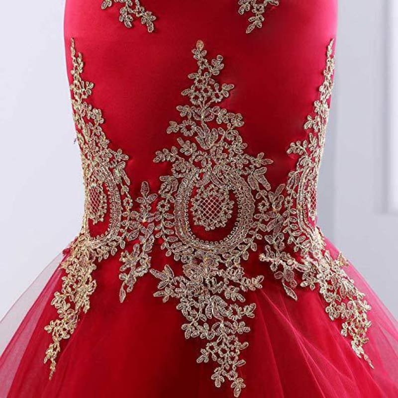 Sweetheart Mermaid Red Formal Prom Dresses Gold Appliqued Long Prom Dresses
