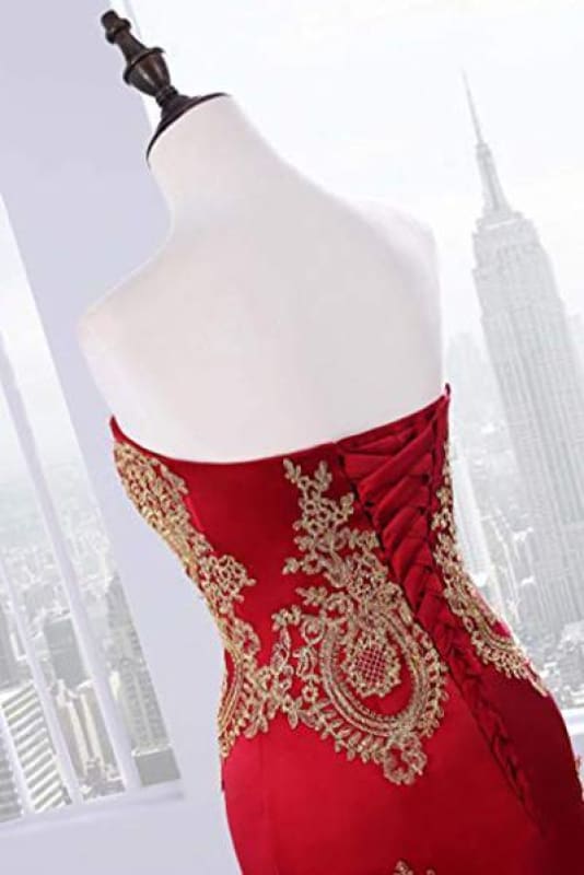 Sweetheart Mermaid Red Formal Prom Dresses Gold Appliqued Long Prom Dresses
