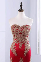 Sweetheart Mermaid Red Formal Prom Dresses Gold Appliqued Long Prom Dresses