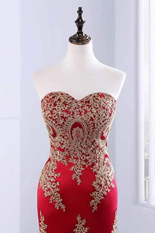 Sweetheart Mermaid Red Formal Prom Dresses Gold Appliqued Long Prom Dresses