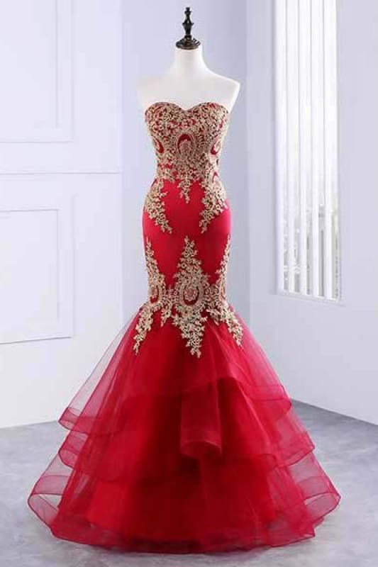 Sweetheart Mermaid Red Formal Prom Dresses Gold Appliqued Long Prom Dresses Main image