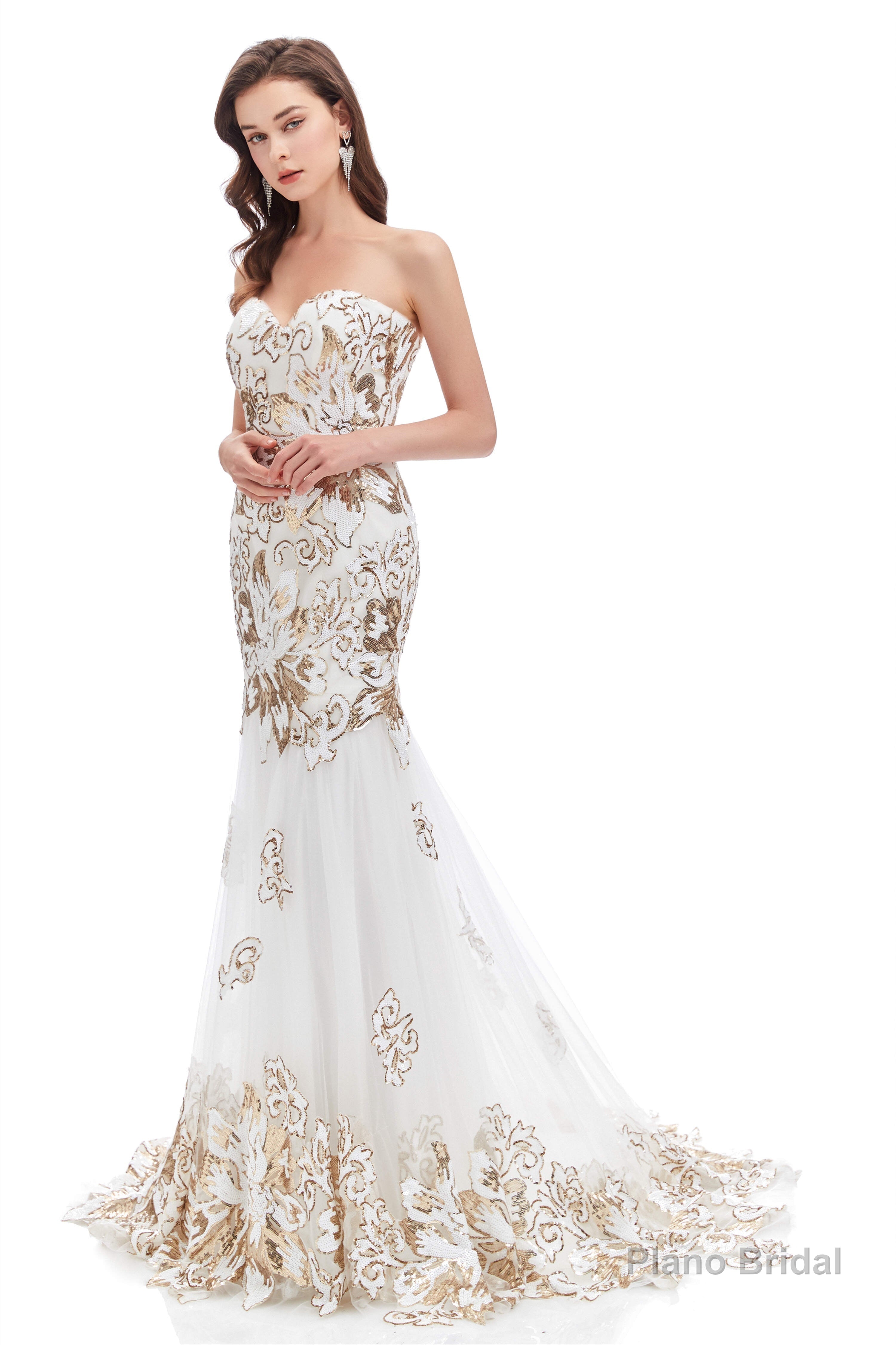 Sweetheart Mermaid Tulle Sequin Long Prom Dresses