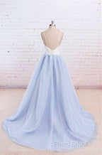 Sweetheart Neck Backless Blue And White Sweep Train Lace Formal Prom Dresses, Formal Dresses
