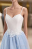 Sweetheart Neck Backless Blue And White Sweep Train Lace Formal Prom Dresses, Formal Dresses