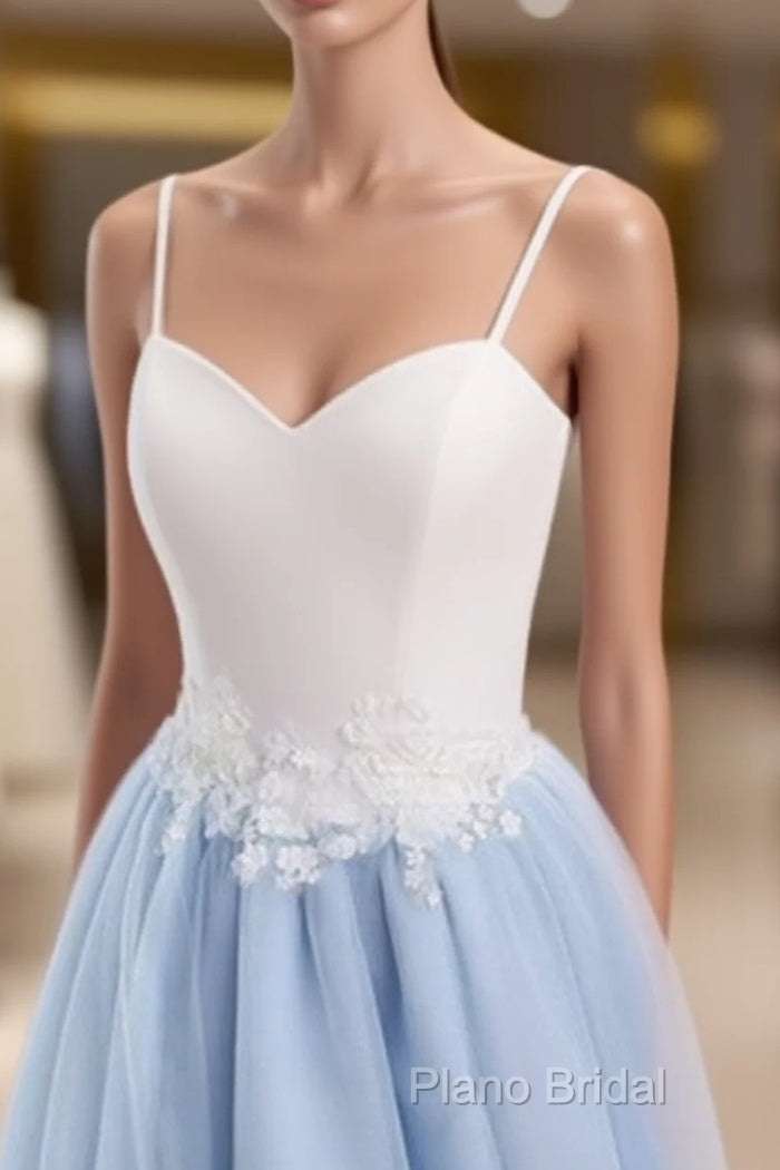 Sweetheart Neck Backless Blue And White Sweep Train Lace Formal Prom Dresses, Formal Dresses Main image