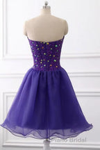 Sweetheart Neck Beaded Dark Purple Short Formal Prom Dress, Strapless Dark Purple Homecoming Dress, Dark Purple Beaded Formal Evening Dress