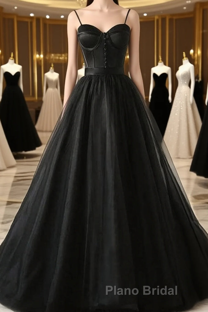 Sweetheart Neck Black Tulle Long Formal Prom Dress, Thin Straps Black Formal Evening Dress, Black Ball Gown