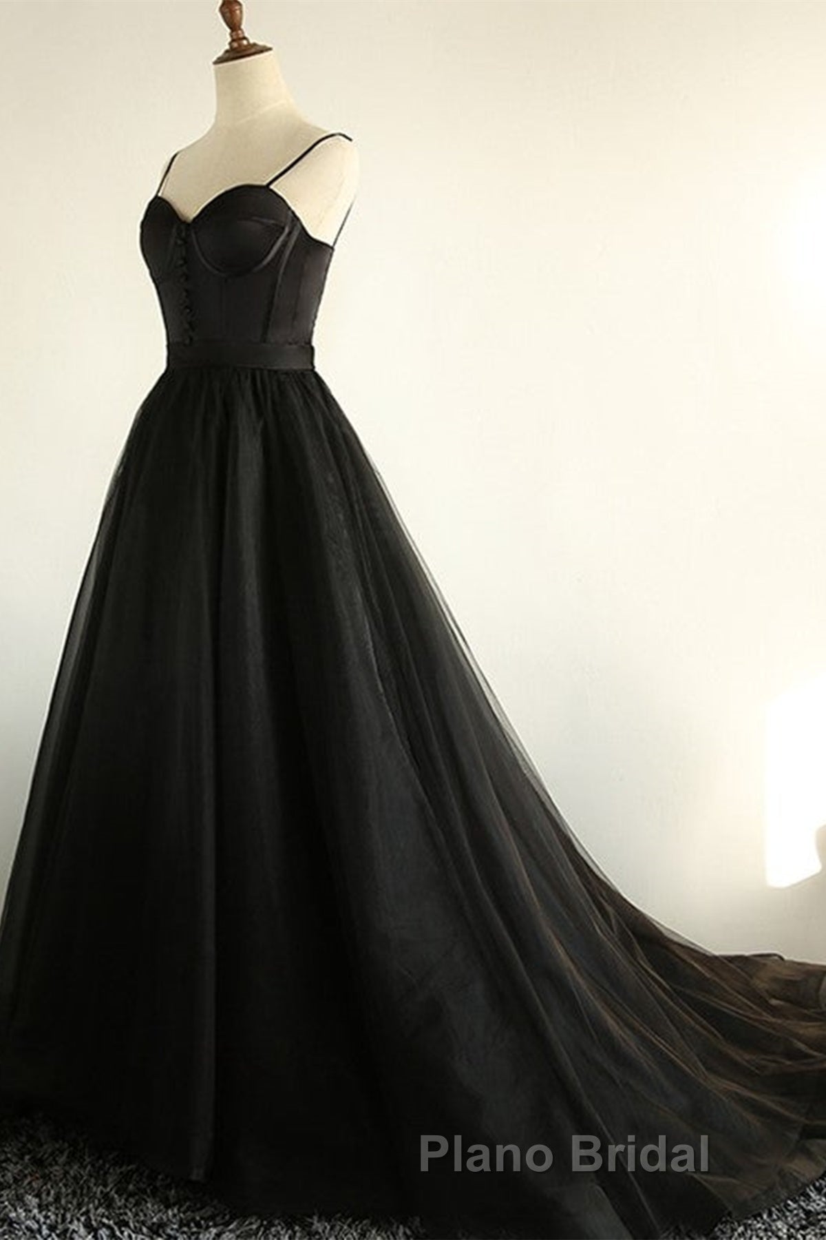 Sweetheart Neck Black Tulle Long Formal Prom Dress, Thin Straps Black Formal Evening Dress, Black Ball Gown