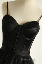 Sweetheart Neck Black Tulle Long Formal Prom Dress, Thin Straps Black Formal Evening Dress, Black Ball Gown