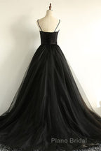Sweetheart Neck Black Tulle Long Formal Prom Dress, Thin Straps Black Formal Evening Dress, Black Ball Gown