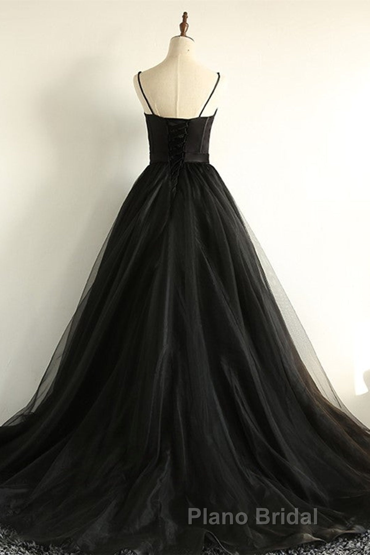 Sweetheart Neck Black Tulle Long Formal Prom Dress, Thin Straps Black Formal Evening Dress, Black Ball Gown