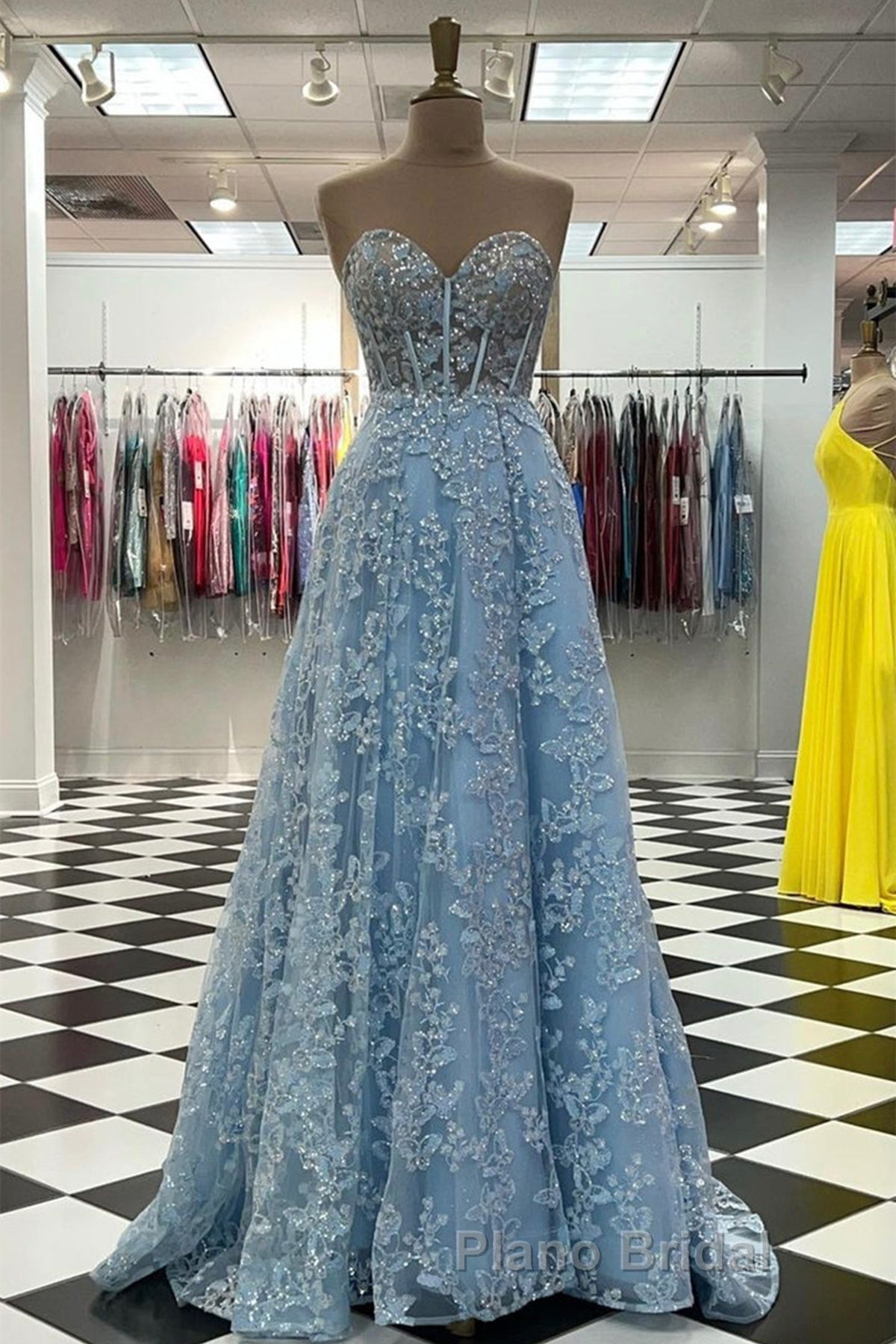 Sweetheart Neck Blue Lace Appliques Long Formal Prom Dress with Long Sleeves, Blue Lace Floral Formal Graduation Evening Dress Secondary image