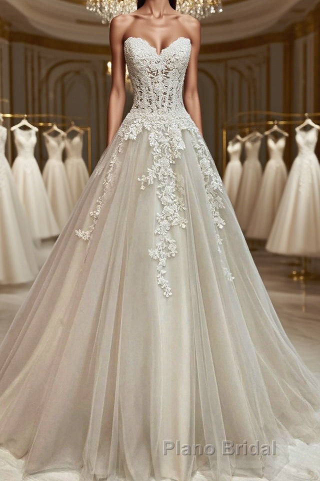 Sweetheart Neck Champagne Tulle Lace Long Formal Prom Dresses, Strapless Champagne Formal Dresses, Champagne Lace Evening Dresses