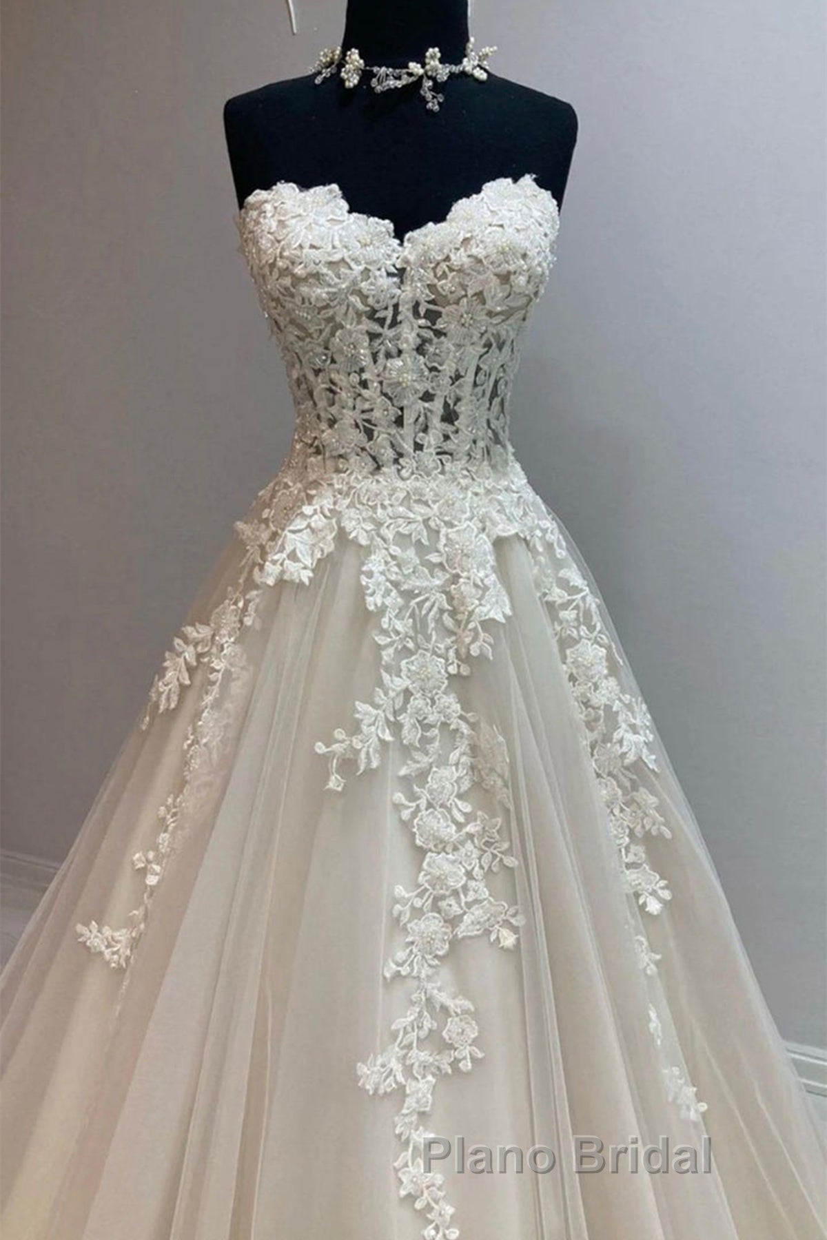 Sweetheart Neck Champagne Tulle Lace Long Formal Prom Dresses, Strapless Champagne Formal Dresses, Champagne Lace Evening Dresses Secondary image