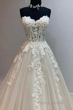 Sweetheart Neck Champagne Tulle Lace Long Formal Prom Dresses, Strapless Champagne Formal Dresses, Champagne Lace Evening Dresses