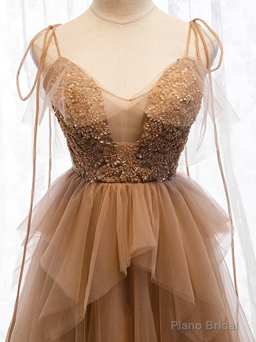 Sweetheart Neck Floor Length Champagne Lace Prom Dresses, Champagne Lace Formal Dresses