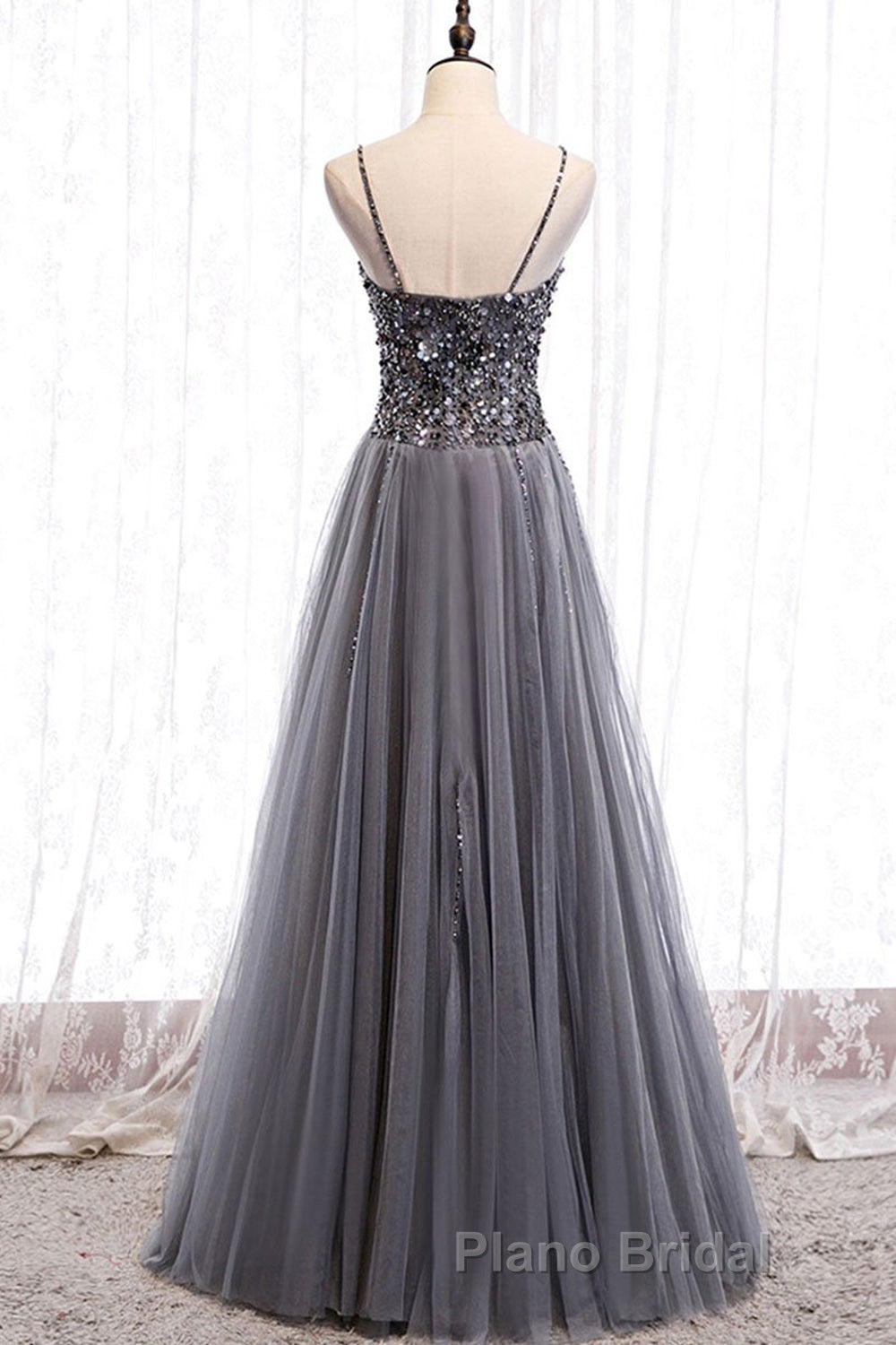 Sweetheart Neck Grey Sequins Tulle Long Formal Prom Dress, Grey Sequins Formal Evening Dress