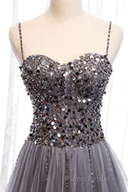 Sweetheart Neck Grey Sequins Tulle Long Formal Prom Dress, Grey Sequins Formal Evening Dress