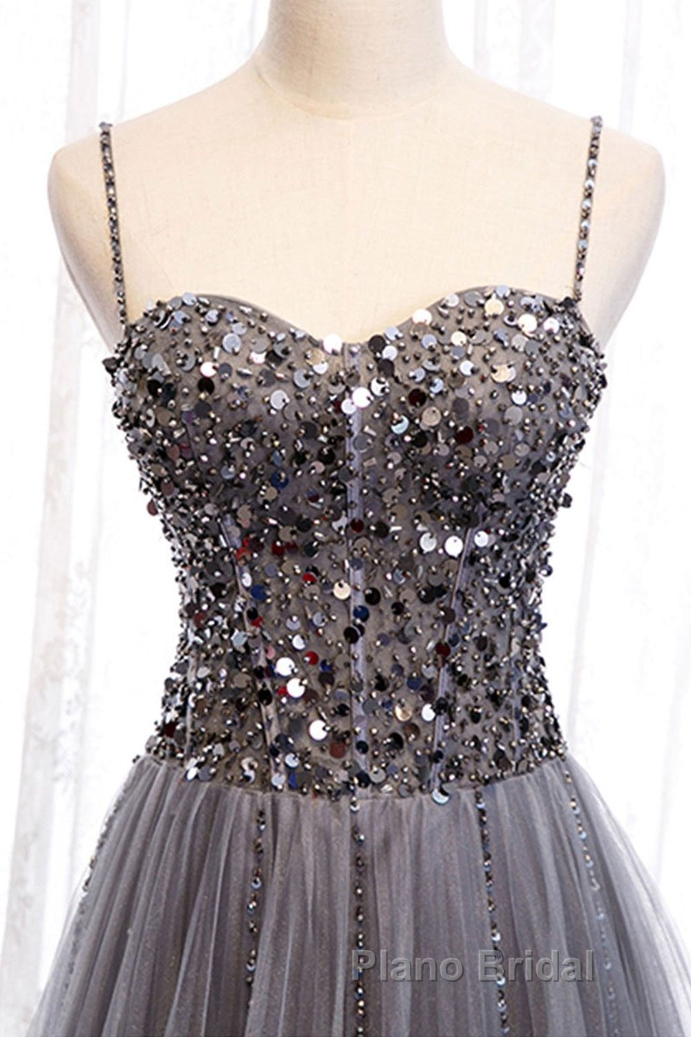 Sweetheart Neck Grey Sequins Tulle Long Formal Prom Dress, Grey Sequins Formal Evening Dress
