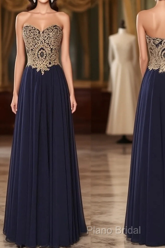 Sweetheart Neck Lace Dark Blue Long Formal Prom Dresses, Formal Dresses Main image