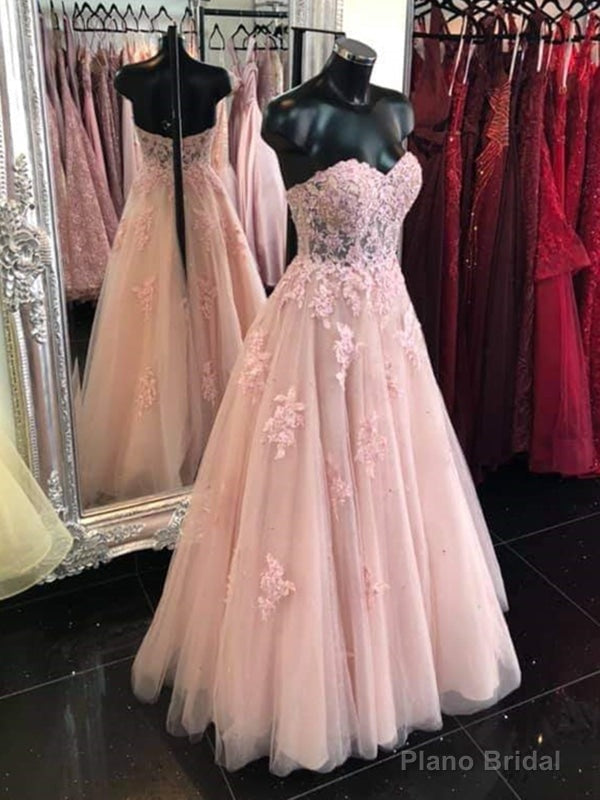 Sweetheart Neck Open Back Pink Lace Long Prom Dresses, Strapless Pink Lace Formal Dresses Main image