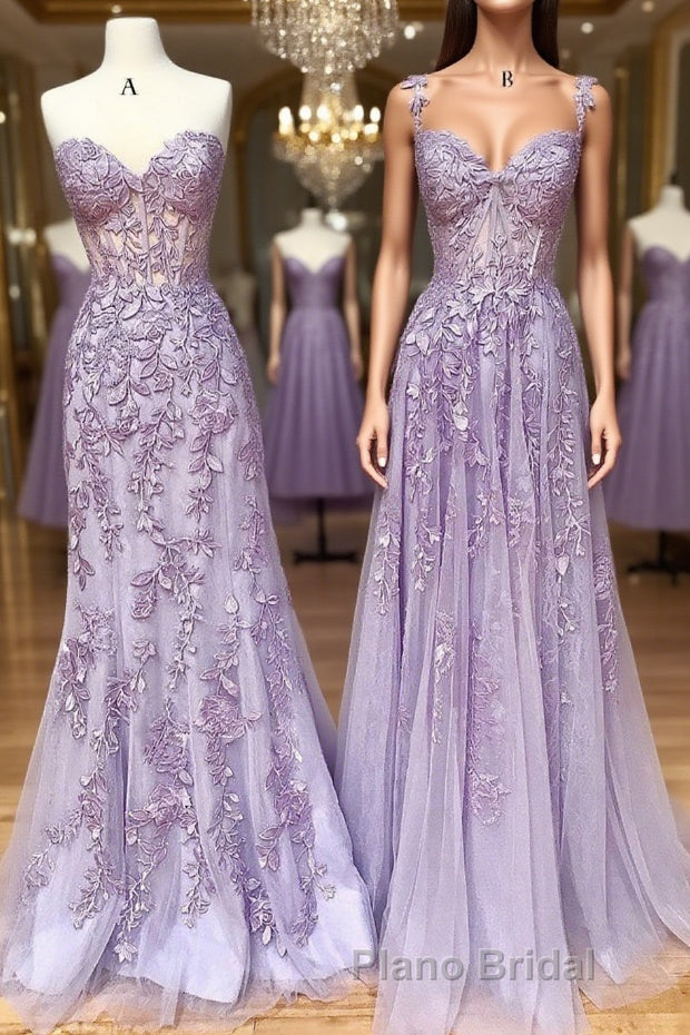 Sweetheart Neck Purple Lace Long Formal Prom Dress, Strapless Purple Formal Dress, Mermaid Purple Evening Dress Main image