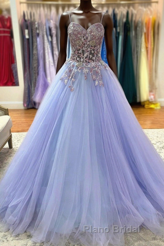 Sweetheart Neck Purple Tulle Long Formal Prom Dress with Lace Appliques, Purple Lace Formal Graduation Evening Dress