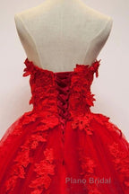 Sweetheart Neck Red Lace Floral Long Formal Prom Dresses, Red Lace Formal Evening Dresses, Red Ball Gown