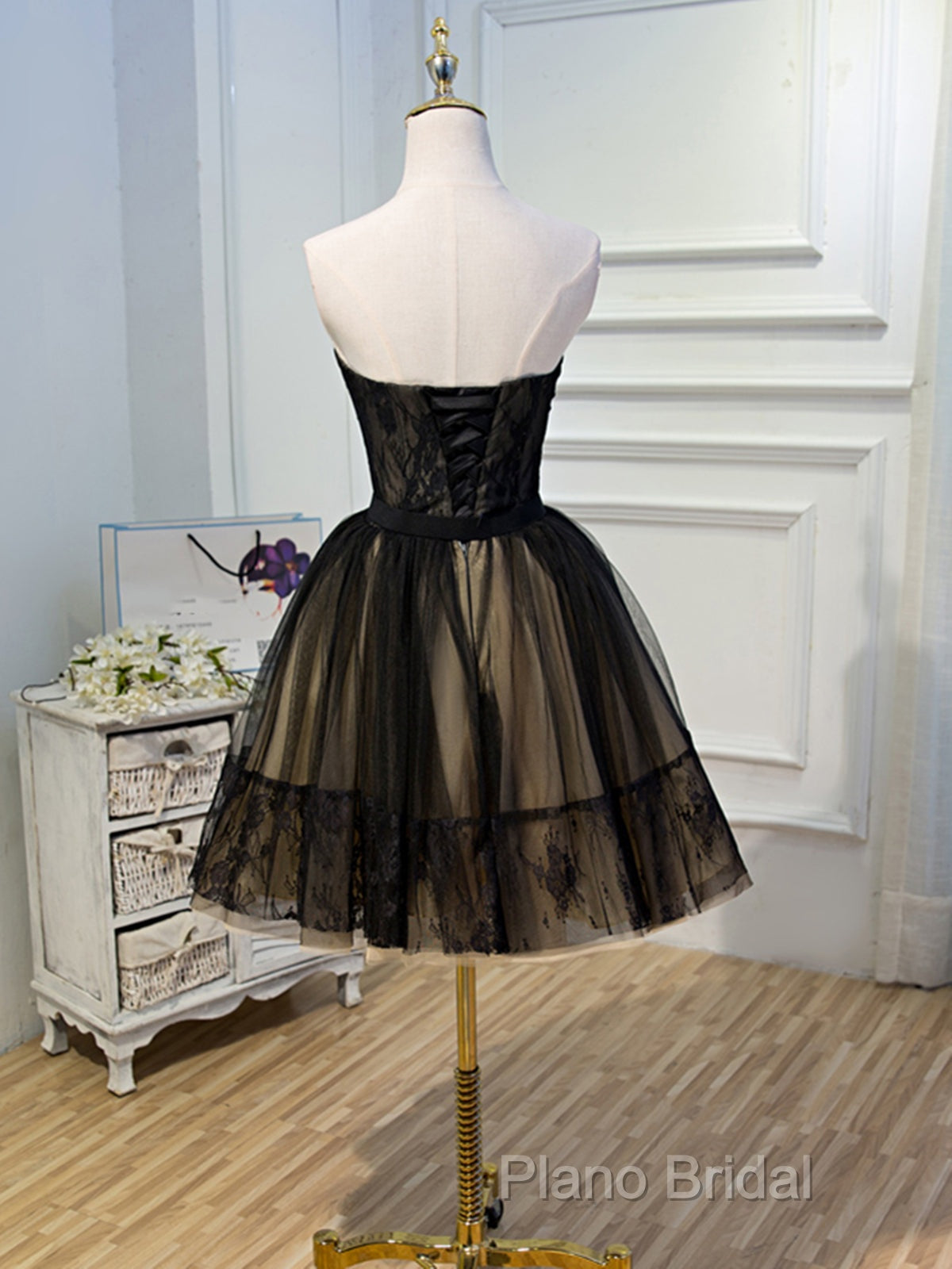 Sweetheart Neck Short Black Lace Formal Prom Dresses, Short Black Lace Graduation Homecoming Dresses