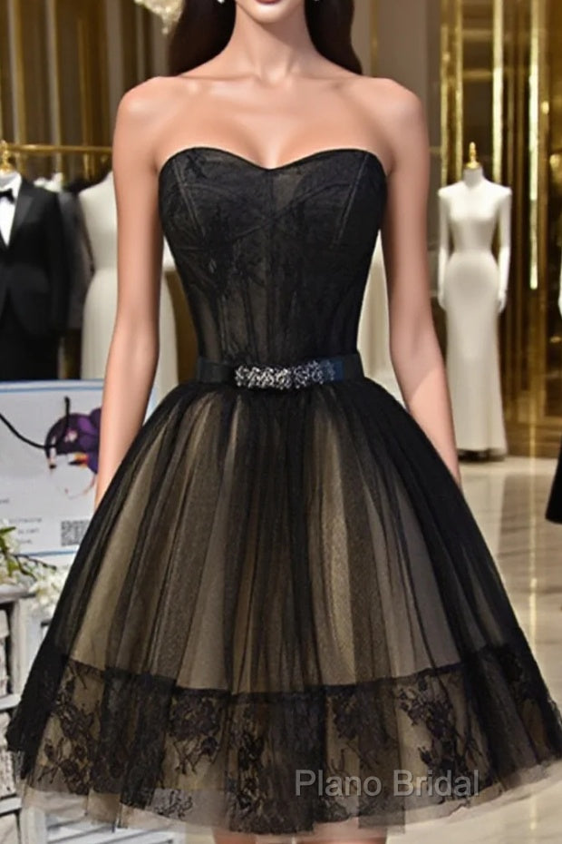 Sweetheart Neck Short Black Lace Formal Prom Dresses, Short Black Lace Graduation Homecoming Dresses Main image