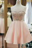 Sweetheart Neck Short Pink Formal Prom Dresses, Short Pink Beaded Homecoming Graduation Dresses