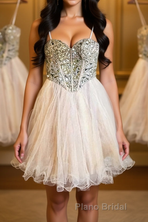 Sweetheart Neck Spaghetti Straps Tulle Champagne Homecoming Dresses, Champagne Short Formal Prom Dresses, Graduation Dresses, Evening Dresses Main image