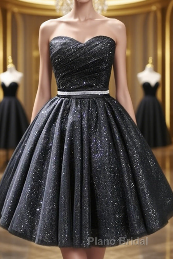 Sweetheart Neck Strapless Black Short Formal Prom Dresses, Open Back Black Homecoming Dresses, Black Formal Evening Dresses Main image