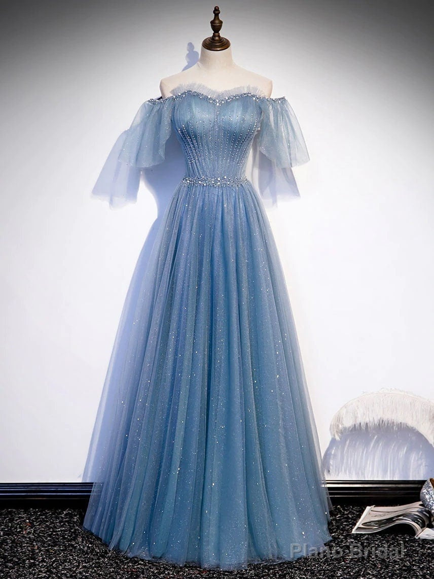 Sweetheart-Neck Tulle Flare Sleeves Beaded Sequin Prom Dresses Formal Evening Dresses Main image