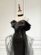 Sweetheart Off Shoulder Tulle Sequin Sweep Train Black Long Prom Dresses
