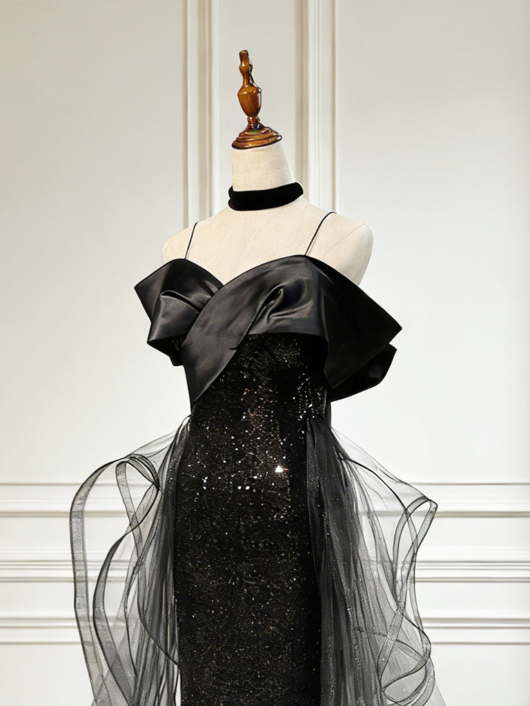 Sweetheart Off Shoulder Tulle Sequin Sweep Train Black Long Prom Dresses