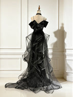 Sweetheart Off Shoulder Tulle Sequin Sweep Train Black Long Prom Dresses