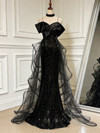 Sweetheart Off Shoulder Tulle Sequin Sweep Train Black Long Prom Dresses