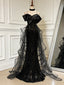 Sweetheart Off Shoulder Tulle Sequin Sweep Train Black Long Prom Dresses