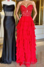 Sweetheart Red Corset Chiffon Ruffle Long Formal Prom Dresses