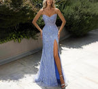 Blue Fashion Shiny Off-Shoulder Sequins Elegant Tight Long Slit Ball Gown Formal Evening Dresses