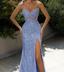 Blue Fashion Shiny Off-Shoulder Sequins Elegant Tight Long Slit Ball Gown Formal Evening Dresses