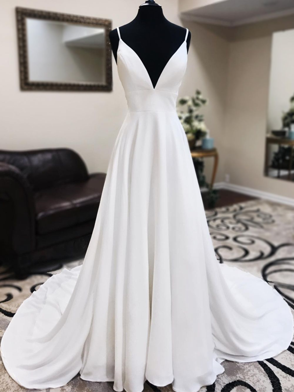 Sweetheart Spaghetti Strap Lace Illusion Back A-line Long Wedding Dresses Main image