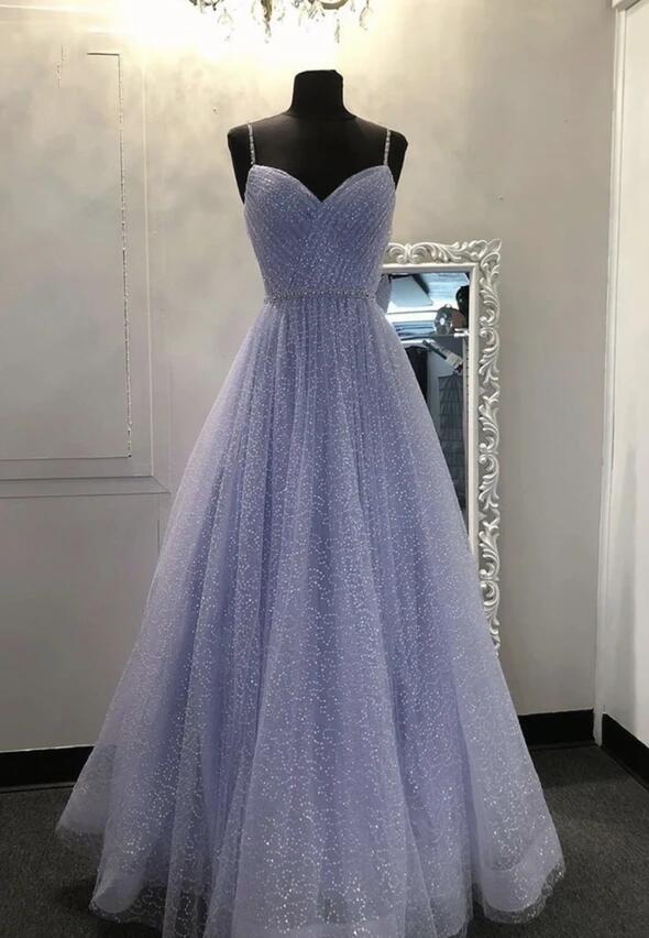 Sweetheart Tulle Sequin Long Formal Prom Dresses Purple Formal Dresses