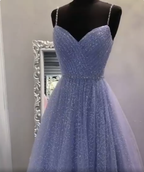 Sweetheart Tulle Sequin Long Formal Prom Dresses Purple Formal Dresses
