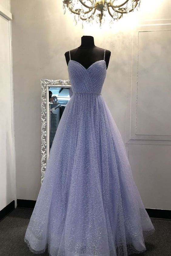 Sweetheart Tulle Sequin Long Formal Prom Dresses Purple Formal Dresses